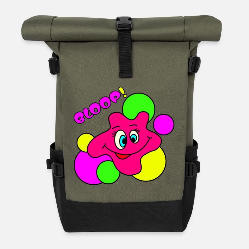 BLOOP! Funny Neon Pop Art Blobs Character - Roll Top Backpack - olive/black
