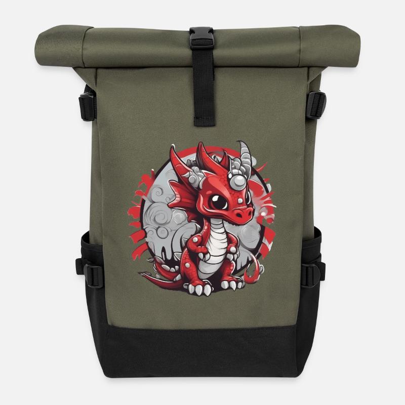 Red Dragon Caricature Print - Roll Top Backpack - olive/black