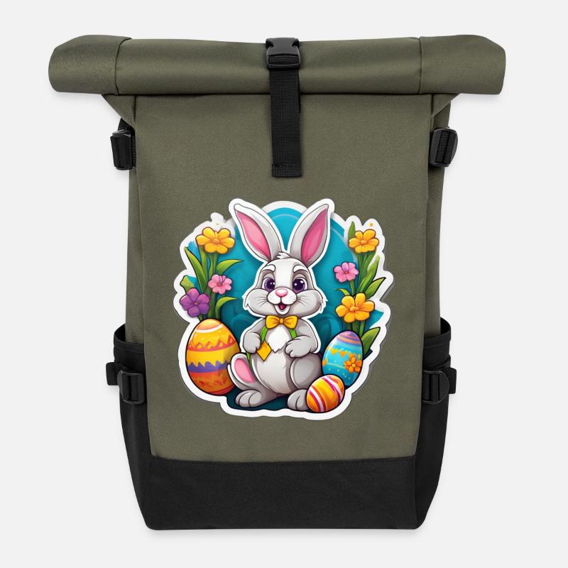 Lapin Pâques Pastel et Œufs Fleuris - Sac à dos roll top - olive/noir