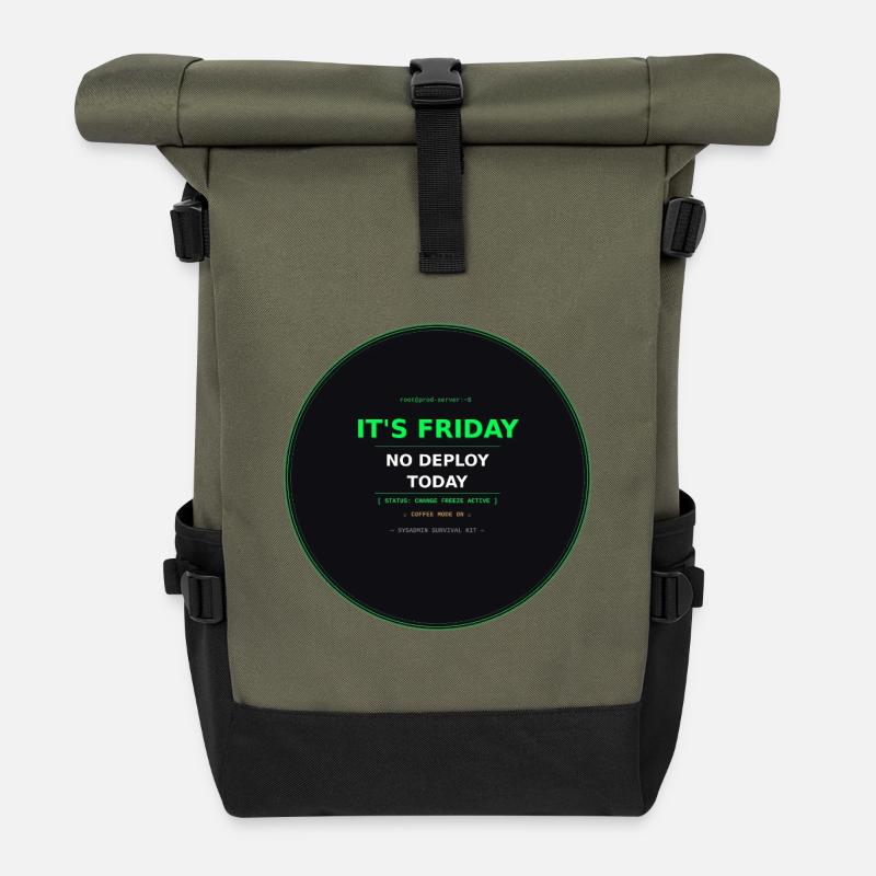 Es ist Freitag – Kein Deploy Heute - Rolltop Rucksack - Olive/Schwarz
