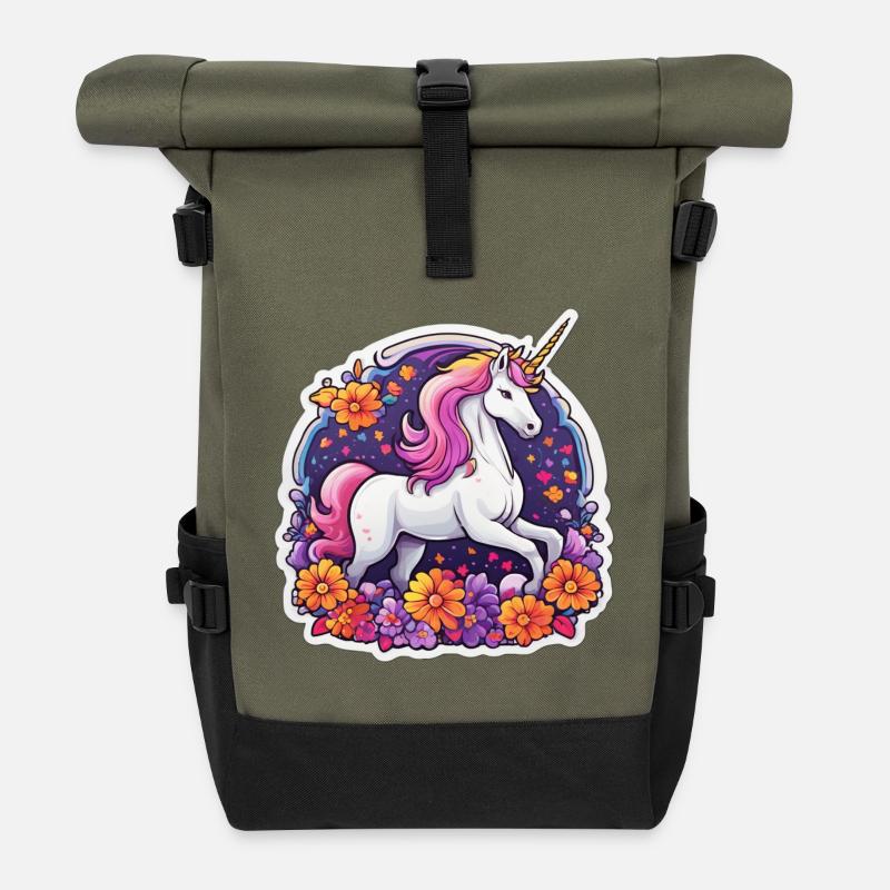 Licorne éclatante entourée de fleurs cosmos - Sac à dos roll top - olive/noir
