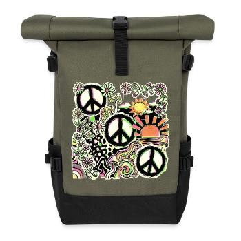 Peace Hippie Flower Stop The War - Rolltop Rucksack - Olive/Schwarz - Vorne