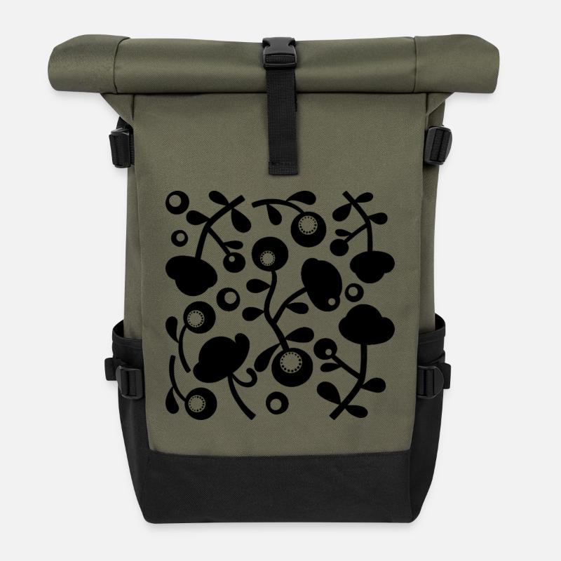 Abstract Peonies L Black Transparent - Roll Top Backpack - olive/black