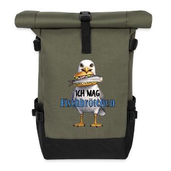 Möwe mit Fischbrötchen Illustration - Rolltop Rucksack - Olive/Schwarz - Vorne