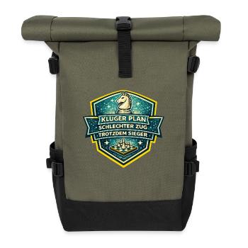 Schachheld Badge: Kluger Plan Sieger - Rolltop Rucksack - Olive/Schwarz - Vorne
