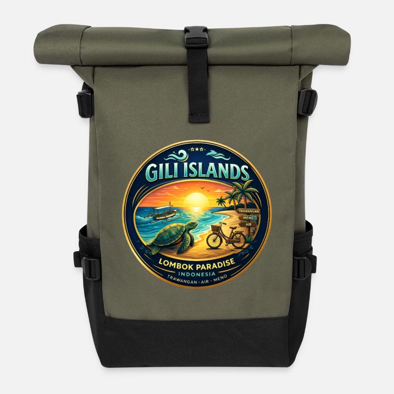 Gili Islands Sunset Turtle Tee - Roll Top Backpack - olive/black