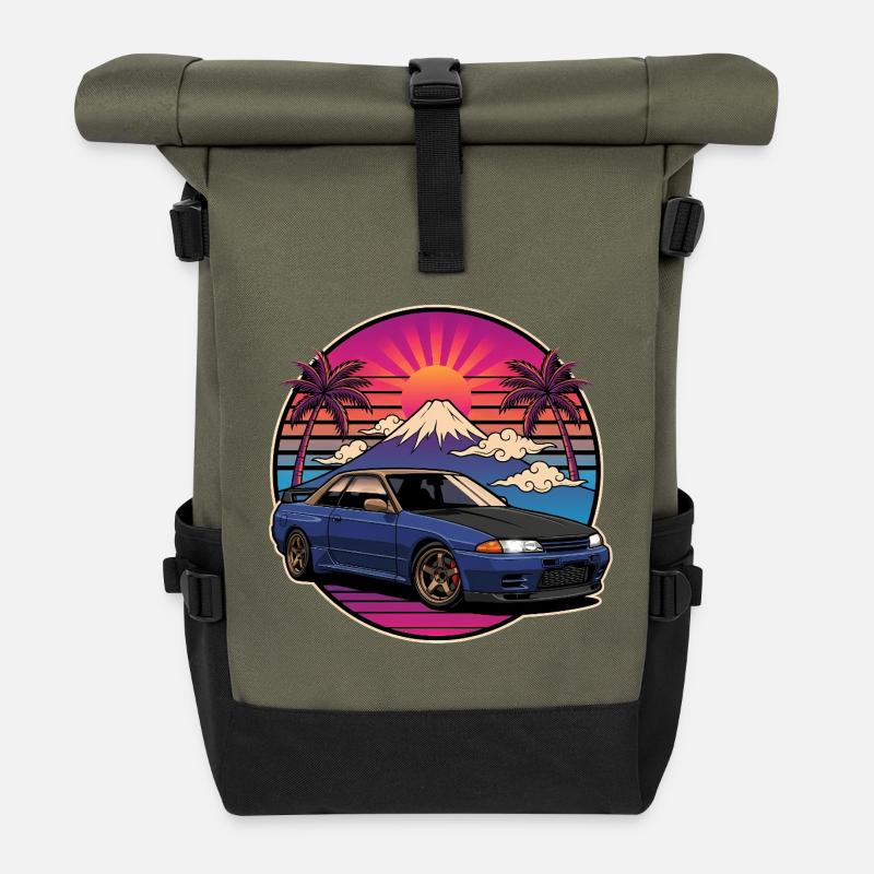 JDM Auto Japanisches Retro-Autorennen Drift-Legende - Rolltop Rucksack - Olive/Schwarz