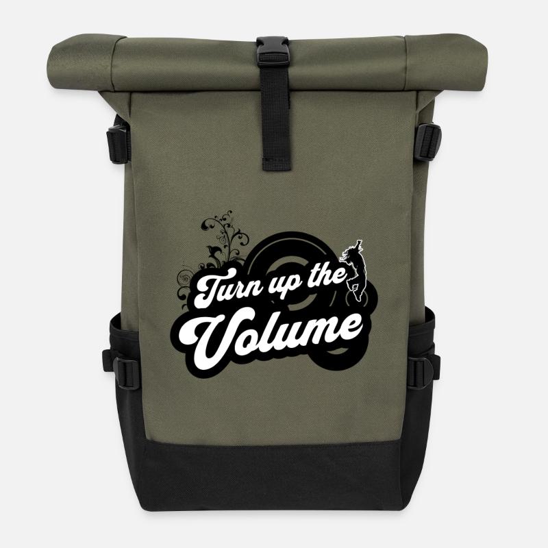 Volume Up — Schwarzes Retro-Skript - Rolltop Rucksack - Olive/Schwarz