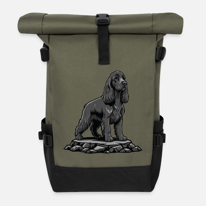 Cocker Spaniel Dog on Rock Black Portrait - Roll Top Backpack - olive/black