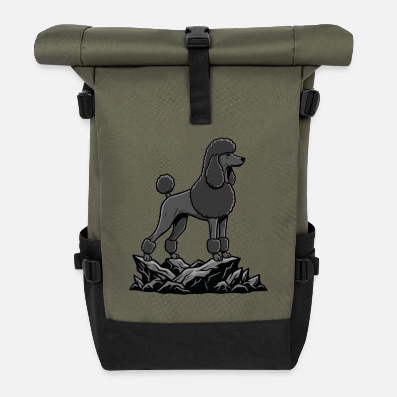 Black Poodle Dog on Rock Elegant Portrait - Roll Top Backpack - olive/black