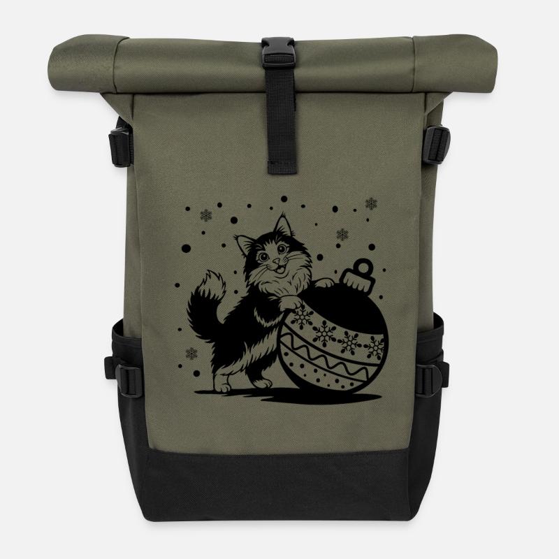 Süße, flauschige Katze mit einer großen Weihnachtskugel – St. - Rolltop Rucksack - Olive/Schwarz