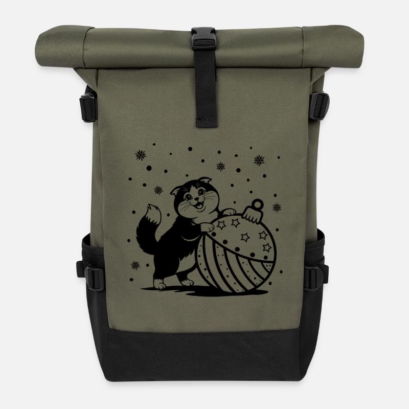 Süße flauschige Katze mit einer großen Weihnachtskugel - Rolltop Rucksack - Olive/Schwarz