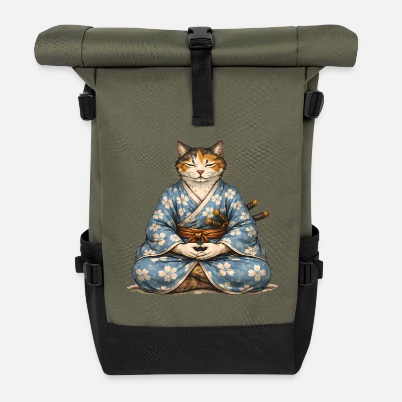 Zen-Samurai-Katzen-Meditationskimono - Rolltop Rucksack - Olive/Schwarz