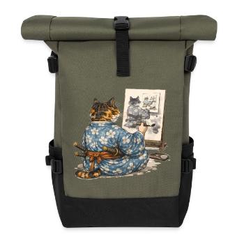Samurai-Katzen-Malerei Sumi-e Ukiyo-e Kunst - Rolltop Rucksack - Olive/Schwarz - Vorne