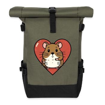 Herzhamster Kuschel-Design - Rolltop Rucksack - Olive/Schwarz - Vorne