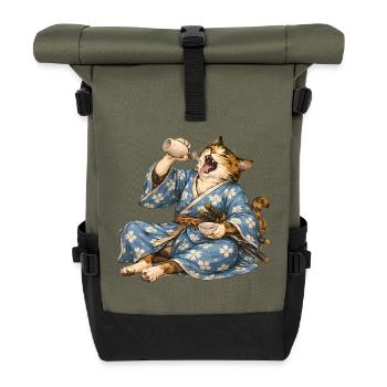 Samurai-Katzen-Sake im japanischen Ukiyo-e-Stil - Rolltop Rucksack - Olive/Schwarz - Vorne