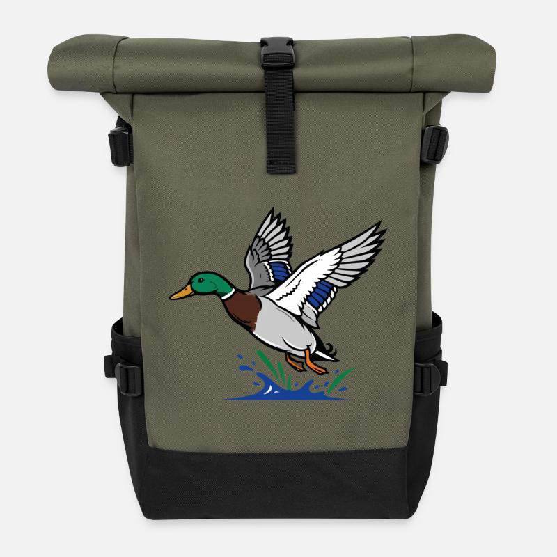 Mallard In Flight Wild Nature Pond - Roll Top Backpack - olive/black