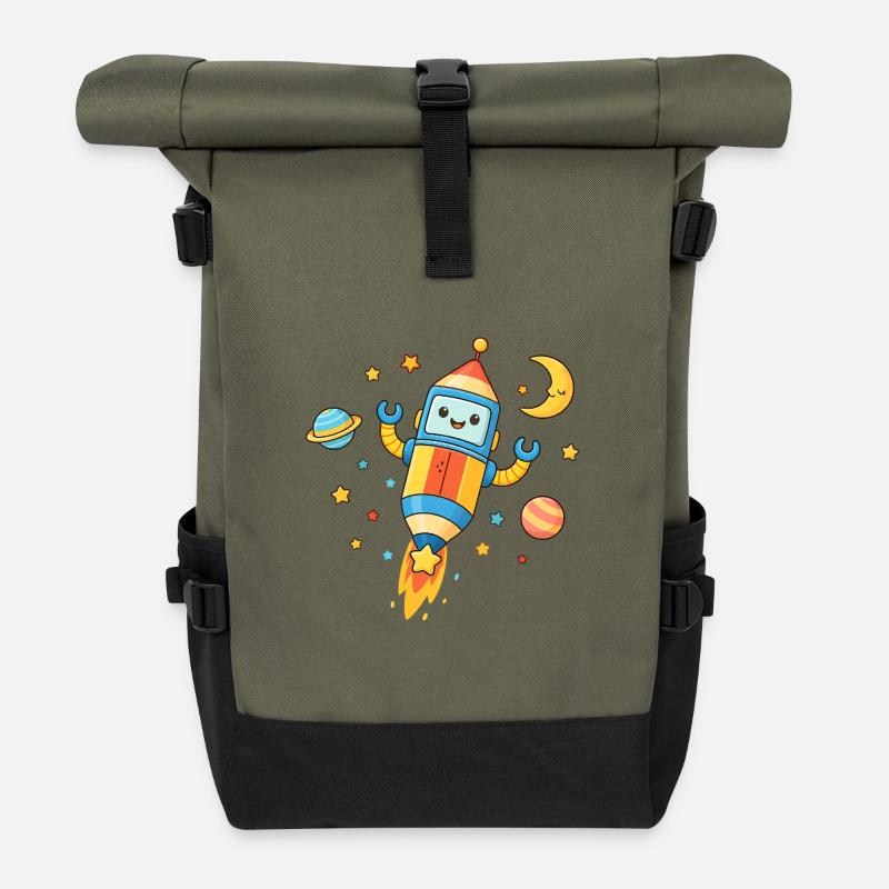 Motif coloré de fusée spatiale - Sac à dos roll top - olive/noir