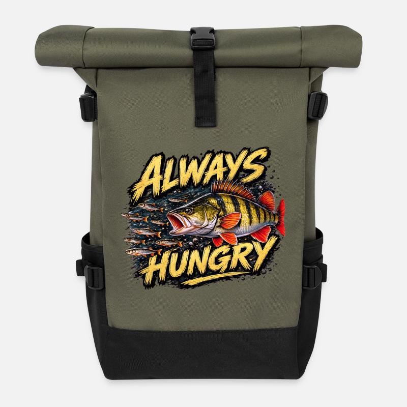 Always Hungry – Aggressive Perch Fishing Design - Roll Top Backpack - olive/black