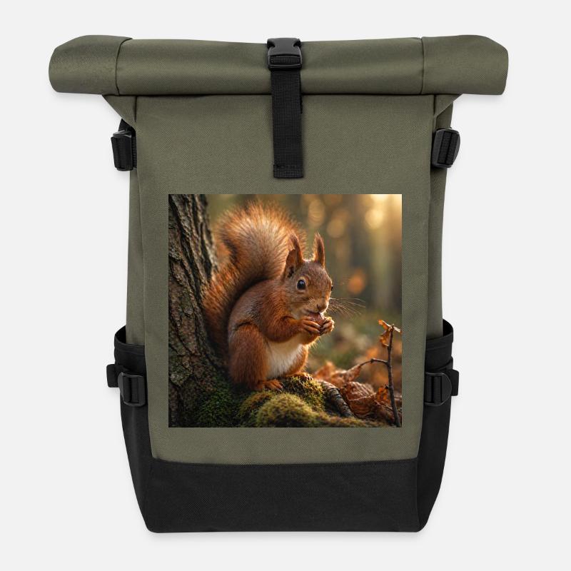 Eichhörnchen im sonnenbeschienenen Wald - Rolltop Rucksack - Olive/Schwarz