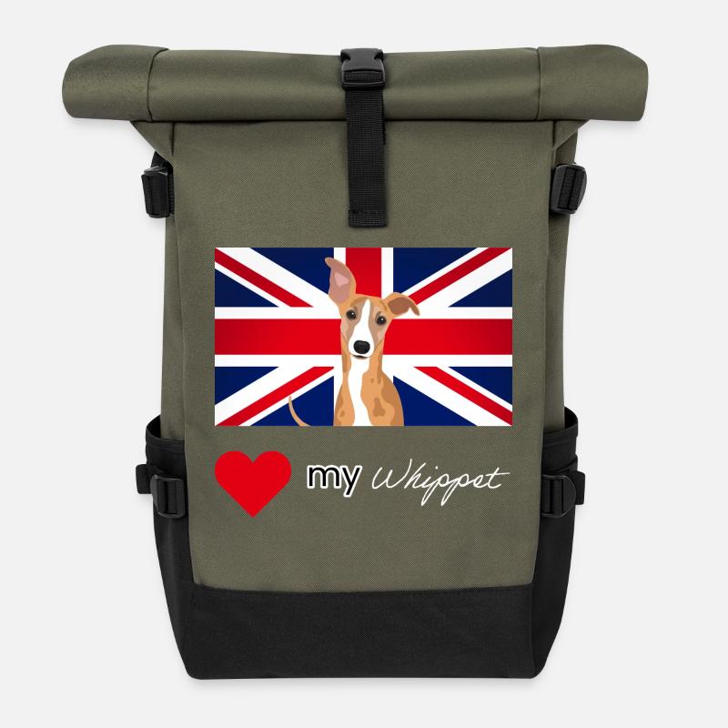 LUVMYWHIPPET (White text, Vibrant) - Roll Top Backpack - olive/black