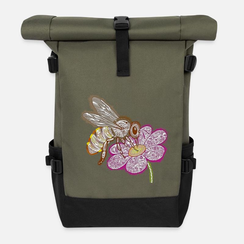 Zentangle Bee - Roll Top Backpack - olive/black