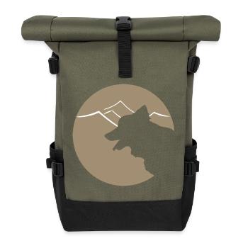 Hundsilhouette im Gebirge oder Dünen - Rolltop Rucksack - Olive/Schwarz - Vorne