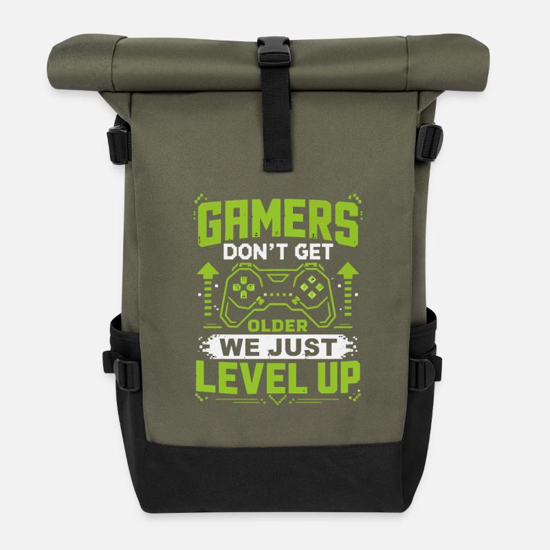 Gamer Spruch Level Up Neon - Rolltop Rucksack - Olive/Schwarz