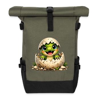 Cute baby dinosaur hatches from the egg - Roll Top Backpack - olive/black - Front