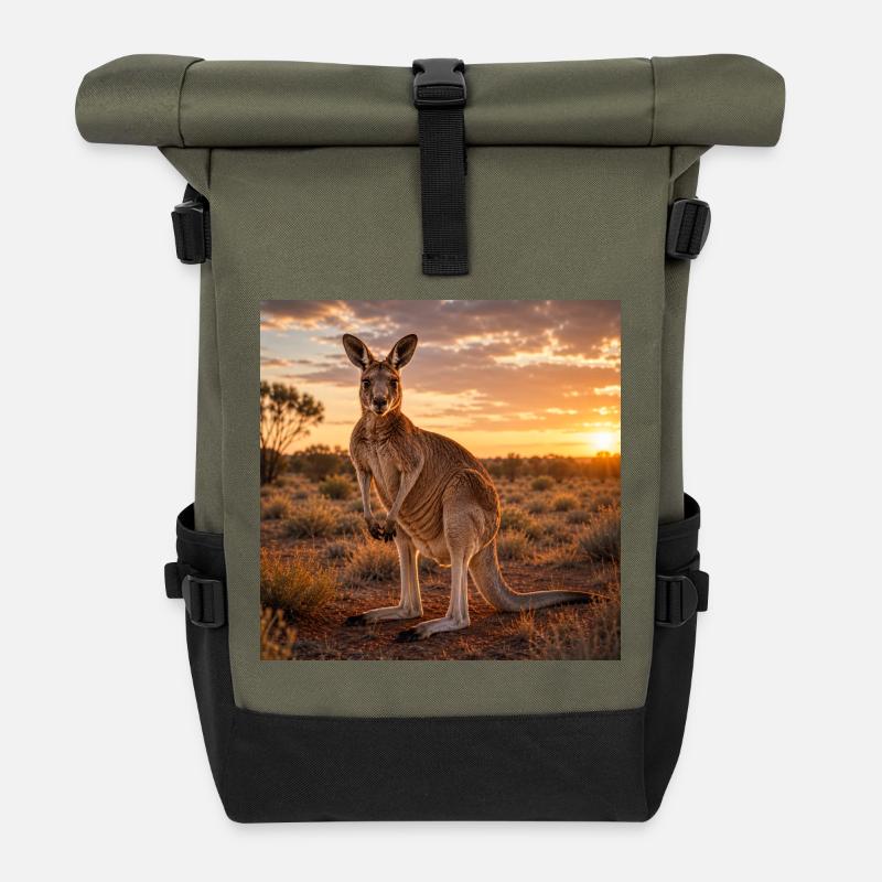 Kangaroo at sunset - Roll Top Backpack - olive/black