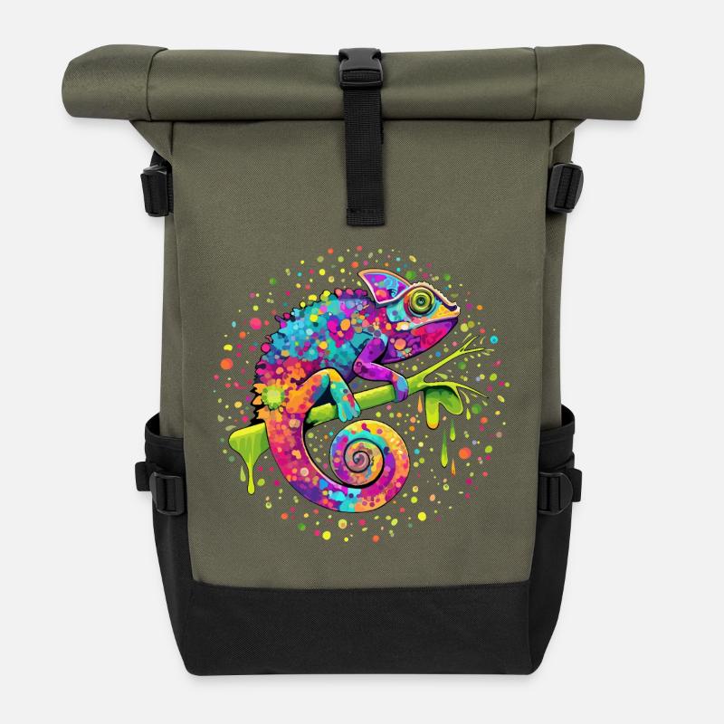Chamäleon-Aquarellfantasie - Rolltop Rucksack - Olive/Schwarz