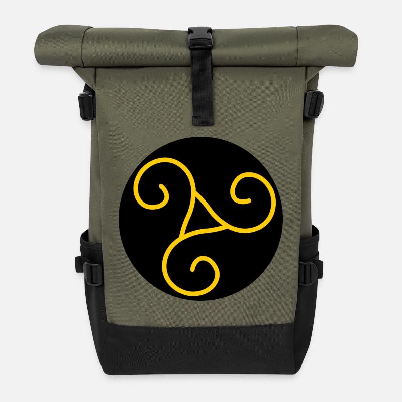 Yellow on Black Triskel Ornament - Roll Top Backpack - olive/black