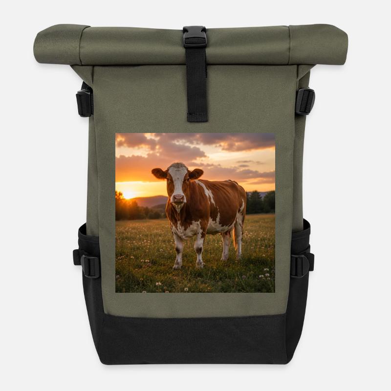 Sunset and cow in meadow - Roll Top Backpack - olive/black