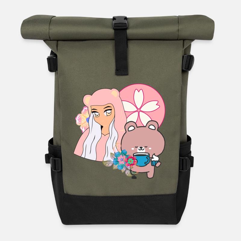 Kawaii Bear & Inclusive Tea Time - Roll Top Backpack - olive/black