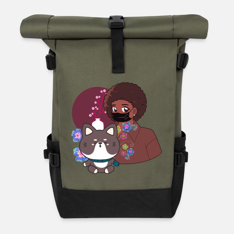 Kawaii Shiba & Blue Prosthetic Paw - Roll Top Backpack - olive/black