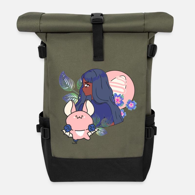 Kawaii Bat & Magical Prosthetic - Roll Top Backpack - olive/black