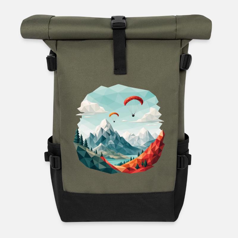 Paragliding Berglandschaft Polygonkunst - Rolltop Rucksack - Olive/Schwarz