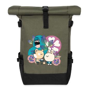 Anime Group in Mask with Cochlear Implant Art - Roll Top Backpack - olive/black - Front