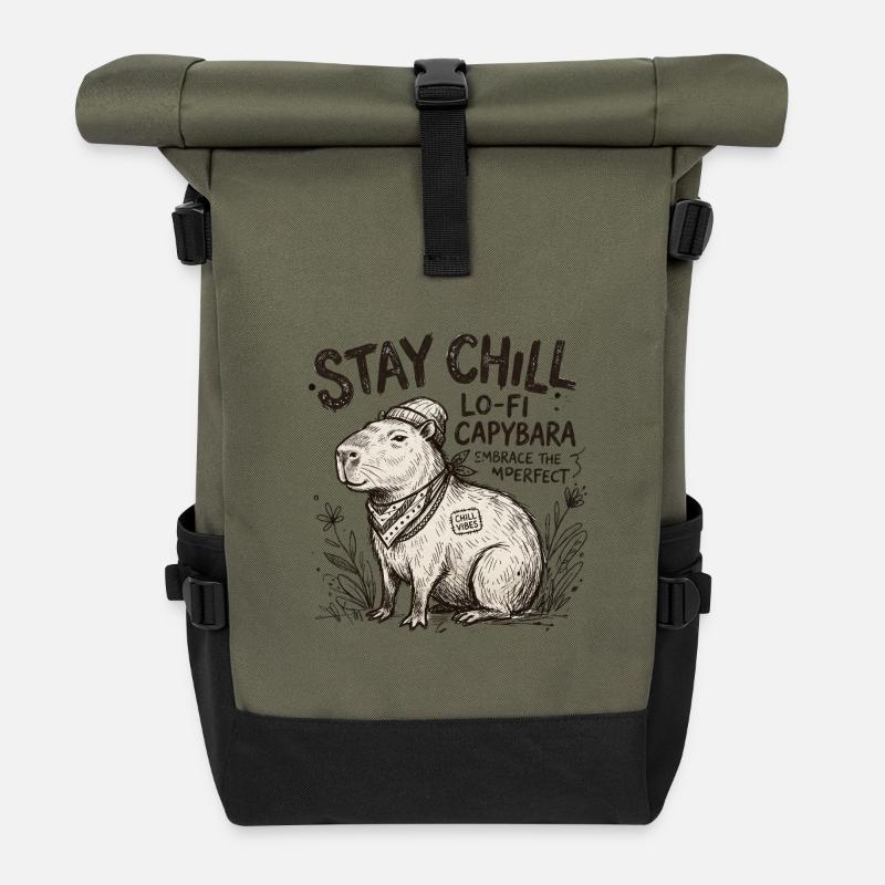 Capybara Chill LoFi Artwork - Rolltop Rucksack - Olive/Schwarz