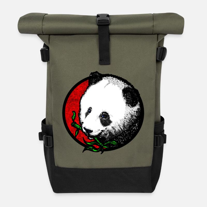 Pandakopf (Bambus/Bunt) - Rolltop Rucksack - Olive/Schwarz