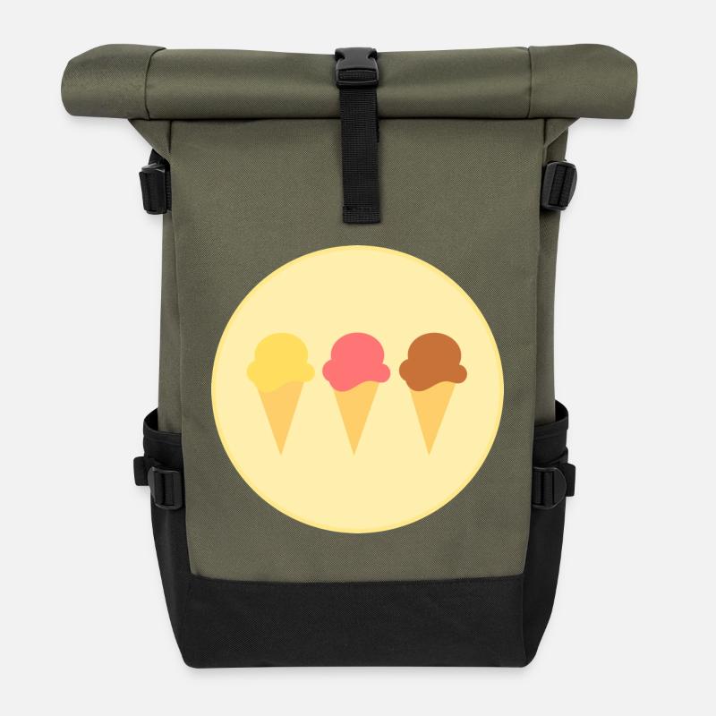 Eis Eiscreme Erdbeereis Vanilleeis Schokoeis - Rolltop Rucksack - Olive/Schwarz