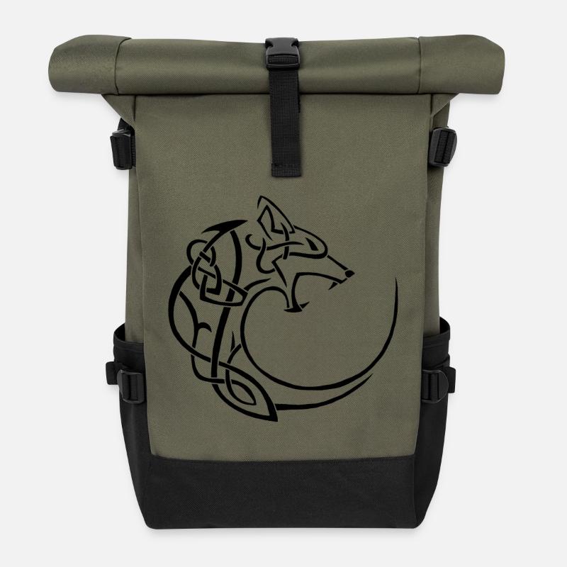 schwarzer Mondwolf - Rolltop Rucksack - Olive/Schwarz