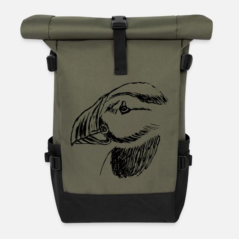 Handgezeichneter Papageientauchervogel - Rolltop Rucksack - Olive/Schwarz