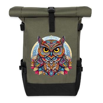 Owl decorated with Mandalas - Roll Top Backpack - olive/black - Front