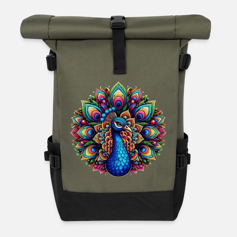 Pfau mit Mandalas verziert - Rolltop Rucksack - Olive/Schwarz