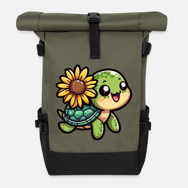 Schildkröte mit Sonnenblume - Rolltop Rucksack - Olive/Schwarz