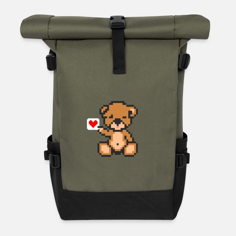 Pixel Bear Love - Roll Top Backpack - olive/black