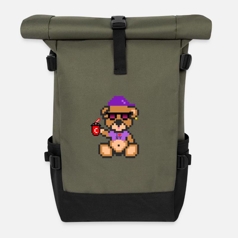 Pixel Bear Cool - Roll Top Backpack - olive/black