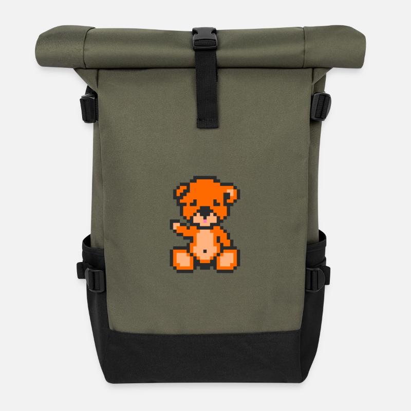 Pixel Bär Orange - Rolltop Rucksack - Olive/Schwarz