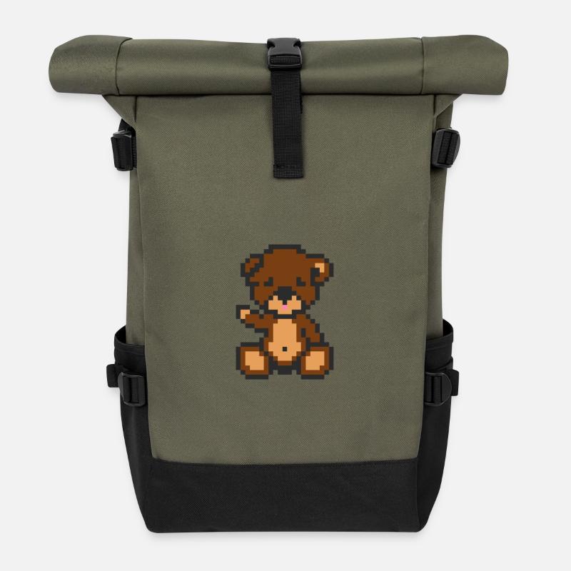 Pixel-Bär-Brownie - Rolltop Rucksack - Olive/Schwarz
